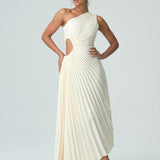 Olivia asimetrik omuzları açık pilili elbise