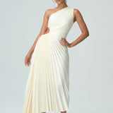 Olivia asimetrik omuzları açık pilili elbise