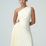 Olivia asimetrik omuzları açık pilili elbise