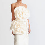 3D Hacimli Çiçek Tasarımlı Midi Elbise