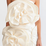 3D Hacimli Çiçek Tasarımlı Midi Elbise