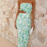 Zinnia Midi Elbise - Yeşil Çiçekli