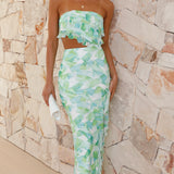 Zinnia Midi Elbise - Yeşil Çiçekli