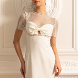 File Üstlü ve İnci Süslemeli Zarif Mini Elbise- Beyaz