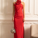 3 Boyutlu Güllü ve Yandan Yırtmaçlı Elbise - Kırmızı