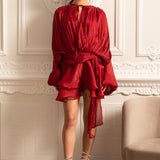 Drapeli Uzun Kollu, Mini Etekli ve Büzgülü Bel Detaylı Elbise – Kırmızı