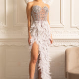 Lüks Tüy Süslemeli Payetli Straplez Elbise