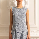 Işıltılı Yakalı Çiçek Desenli Dantel Mini Elbise