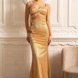 Çiçek Süslemeli ve Dekolteli File Abiye Elbise – Altın