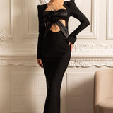 Omuzları Yapılandırılmış ve Önü Kesimli Uzun Kollu Zarif Elbise