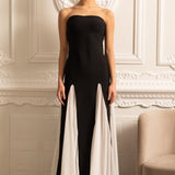 Zıt Renk Şifon Panel Detaylı Zarif Abiye Elbise – Siyah