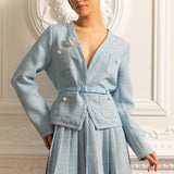 Uzun Kollu Üst ve Eşleşen Pileli Mini Etekli Dokulu Ortak Takım - Mavi