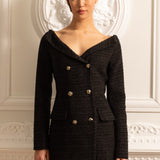 Kruvaze Dokulu, Dekoratif Altın Düğmeli Elbise - Siyah