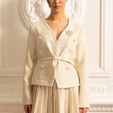 Uzun Kollu Üst ve Eşleşen Pileli Mini Etekli Dokulu Ortak Takım - Ivoire