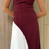 Charlotte Kontrast Midi Elbise - Bordo/Beyaz
