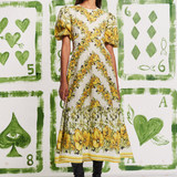 Rosalinde Yuvarlak Yaka Çiçekli Uzun Elbise Sarı