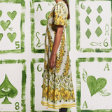 Rosalinde Yuvarlak Yaka Çiçekli Uzun Elbise Sarı