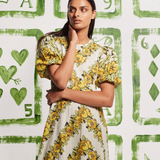 Rosalinde Yuvarlak Yaka Çiçekli Uzun Elbise Sarı