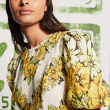 Rosalinde Yuvarlak Yaka Çiçekli Uzun Elbise Sarı