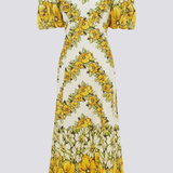 Rosalinde Yuvarlak Yaka Çiçekli Uzun Elbise Sarı