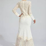 Bej Dantel İşlemeli Maxi Elbise