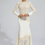 Bej Dantel İşlemeli Maxi Elbise