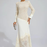 Bej Dantel İşlemeli Maxi Elbise