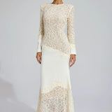 Bej Dantel İşlemeli Maxi Elbise