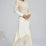 Bej Dantel İşlemeli Maxi Elbise