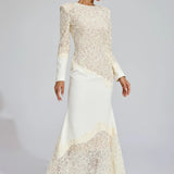 Bej Dantel İşlemeli Maxi Elbise