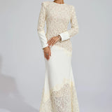 Bej Dantel İşlemeli Maxi Elbise