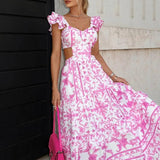 Bella Pembe-Beyaz Desenli Midi Elbise