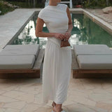 Sophia Beyaz Drapeli Midi Elbise