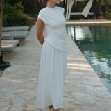 Sophia Beyaz Drapeli Midi Elbise