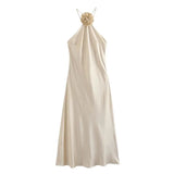 Çiçek Desenli Halter Saten Elbise