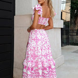 Bella Pembe-Beyaz Desenli Midi Elbise