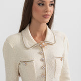 Dokulu Triko Elbise - Krem