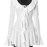 Derin V Yaka Fırfırlı Uzun Flare Kol Mini Elbise