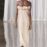 Alva Çiçekli Örme Straplez Uzun Elbise