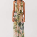 Antonia Baskılı Halter Yaka Uzun Elbise