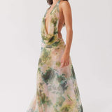 Antonia Baskılı Halter Yaka Uzun Elbise