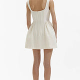 Askılı Düğme Detaylı Beyaz Mini Tasarım Elbise