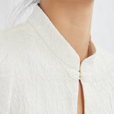 Beyaz Çekoslovak Qipao Jacquard Puff Kol Midi Elbise