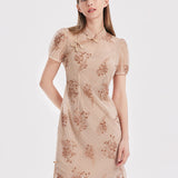 Bej Renkli Nakışlı Çiongşam Qipao Mini Elbise