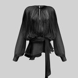 Fırfırlı Uzun Kollu Akıcı Siluetli Mini Elbise