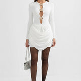 Draped Kesim, Dekolteli Mini Elbise – Beyaz