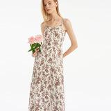 Çiçek Desenli Kadın Midi İnce Askılı Elbise