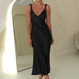 Bethanie Yumuşak Saten Maksi Elbise | Siyah