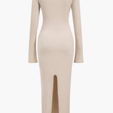 Button Asymmetric Neck Long Sleeve Maxi Elbise