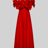 Büyük Kumaş Çiçek Desenli Omuzları Açık Midi Elbise